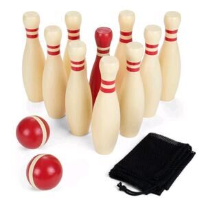 Crown Wooden Lawn Bowling 13 Piece Set 10 pins 2 balls Carrying Bag NEW